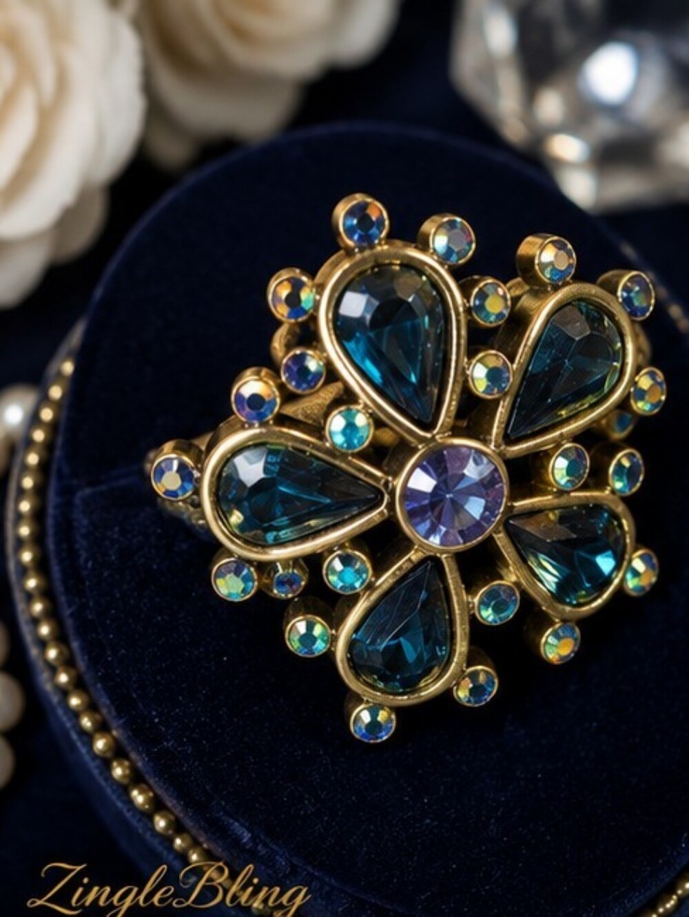 Heidi Daus Floral Crystal Statement Ring Size 9 Blue AB Rhinestone Gold Tone NOS